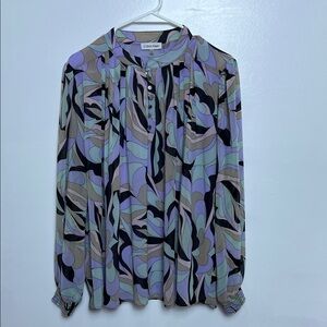 Calvin Klein Lavender Mint Abstract Print LS Blouse L Mock Neck Button Flowy Top